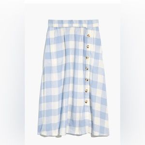 Madewell Linen Blend Side Button Midi Skirt in Gingham Check